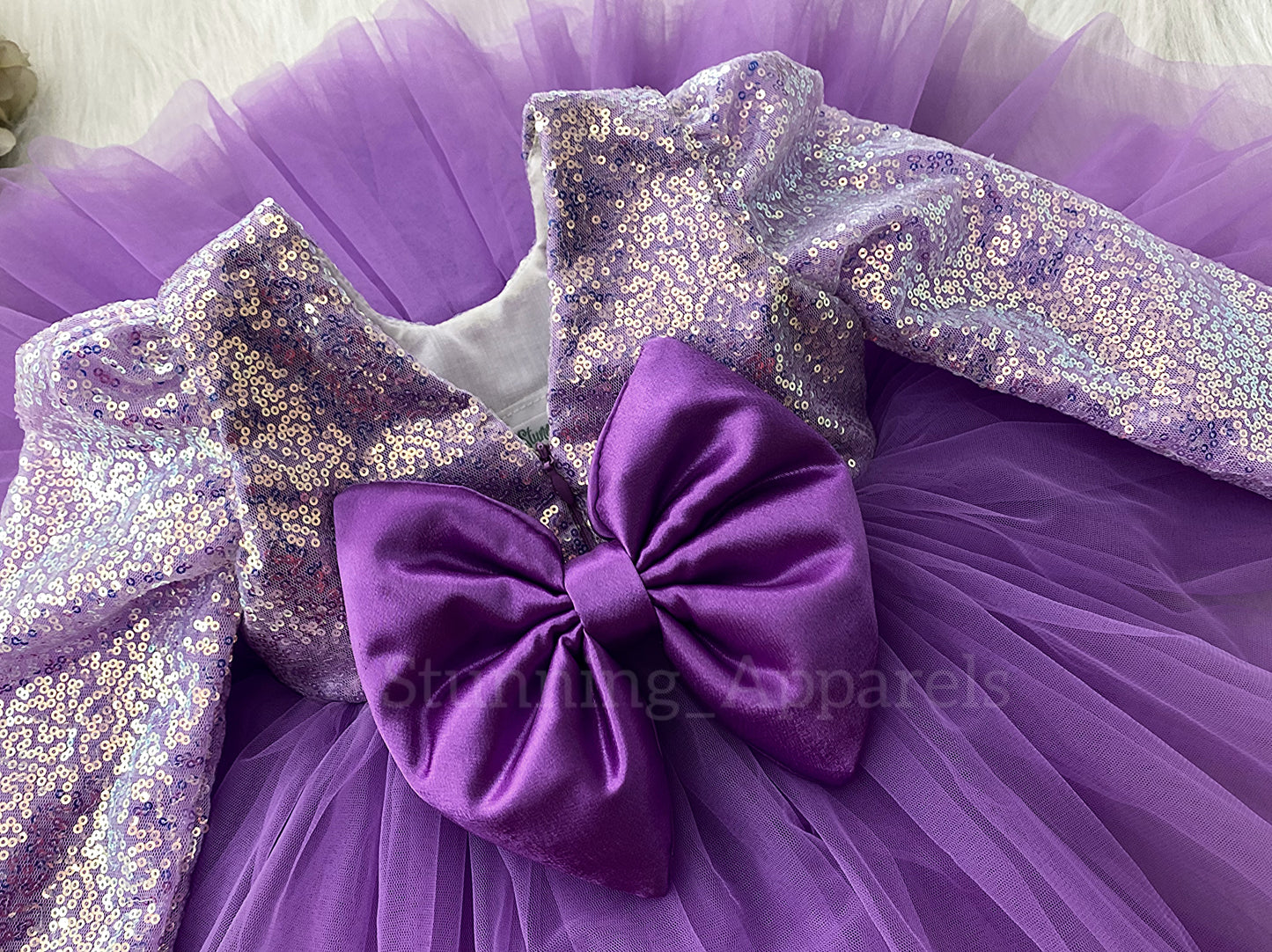 Stylish Long Sleeves Satin Bow Party Wear Lavender Frock