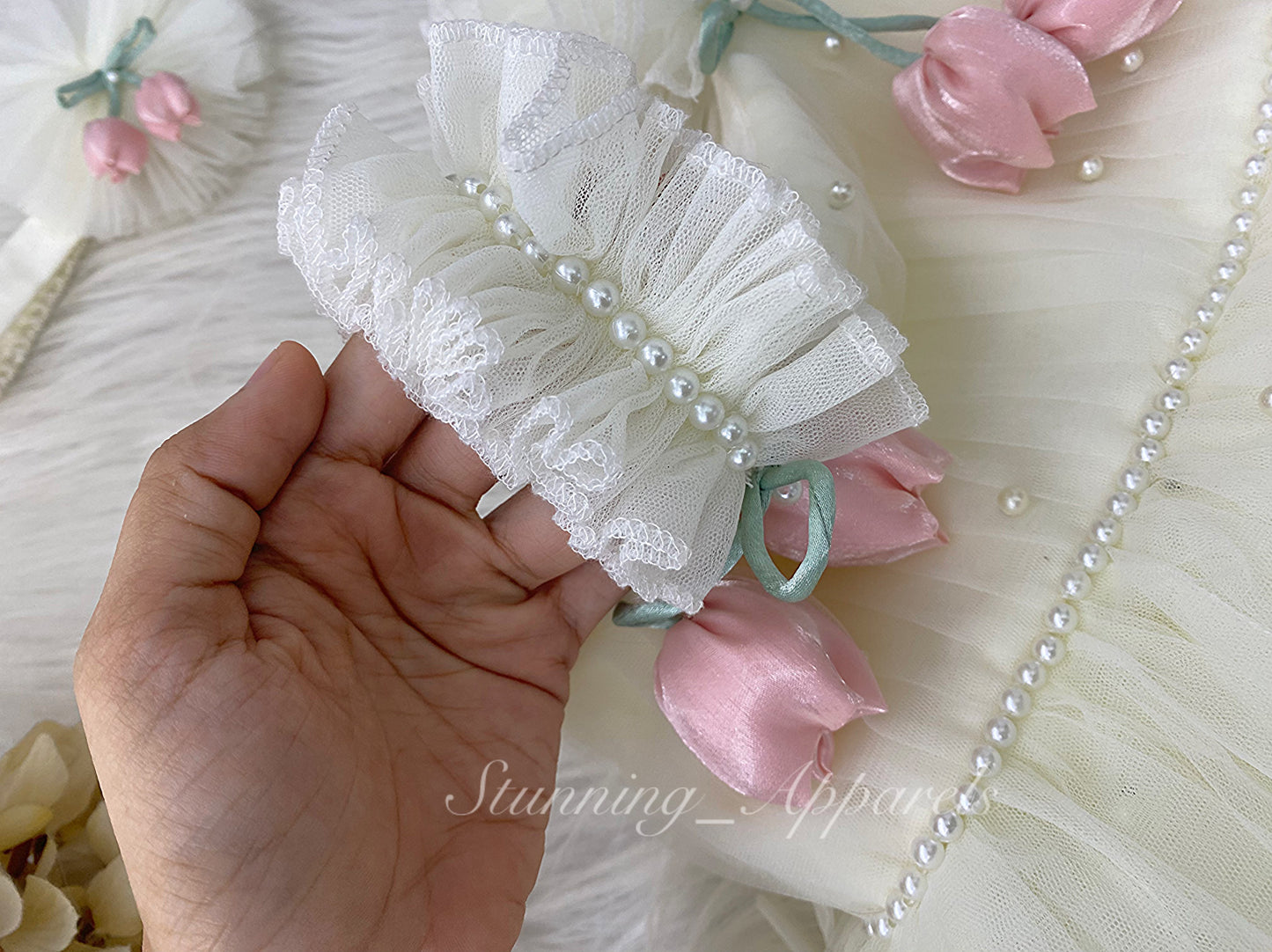 Peach Tulip Flower Work Party Wear Cream Dress