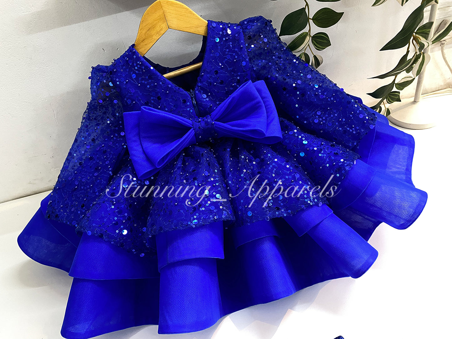 Designer Premium Long Sleeves Beads Sequins Royal Blue Dress