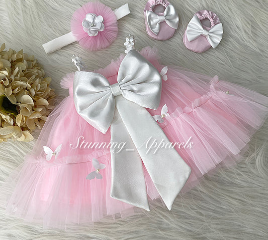 Butterfly Work Cute Party Wear Baby Pink Dress