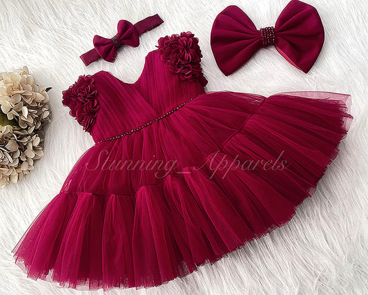 Beautiful Cape Sleeves Flower Work Ruffled Ruby Red Frock