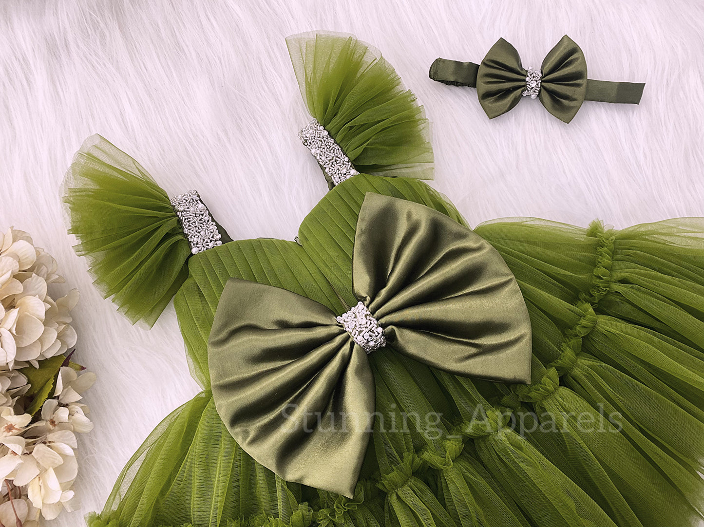 Designer Sweetheart Neckline Hand Work Olive Green Frock