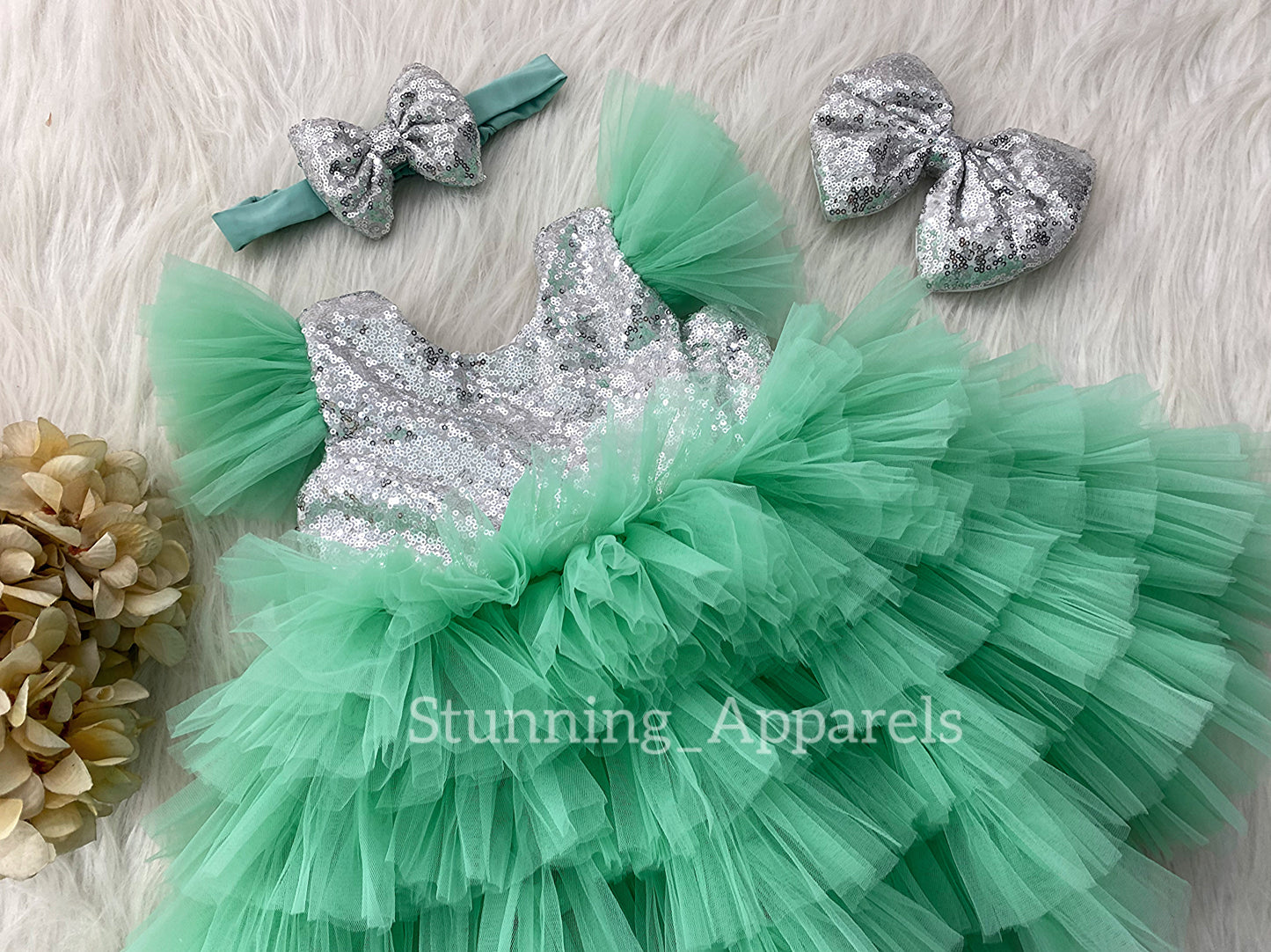 Silver Sequins Bow Stylish Layered Sea Green Frock