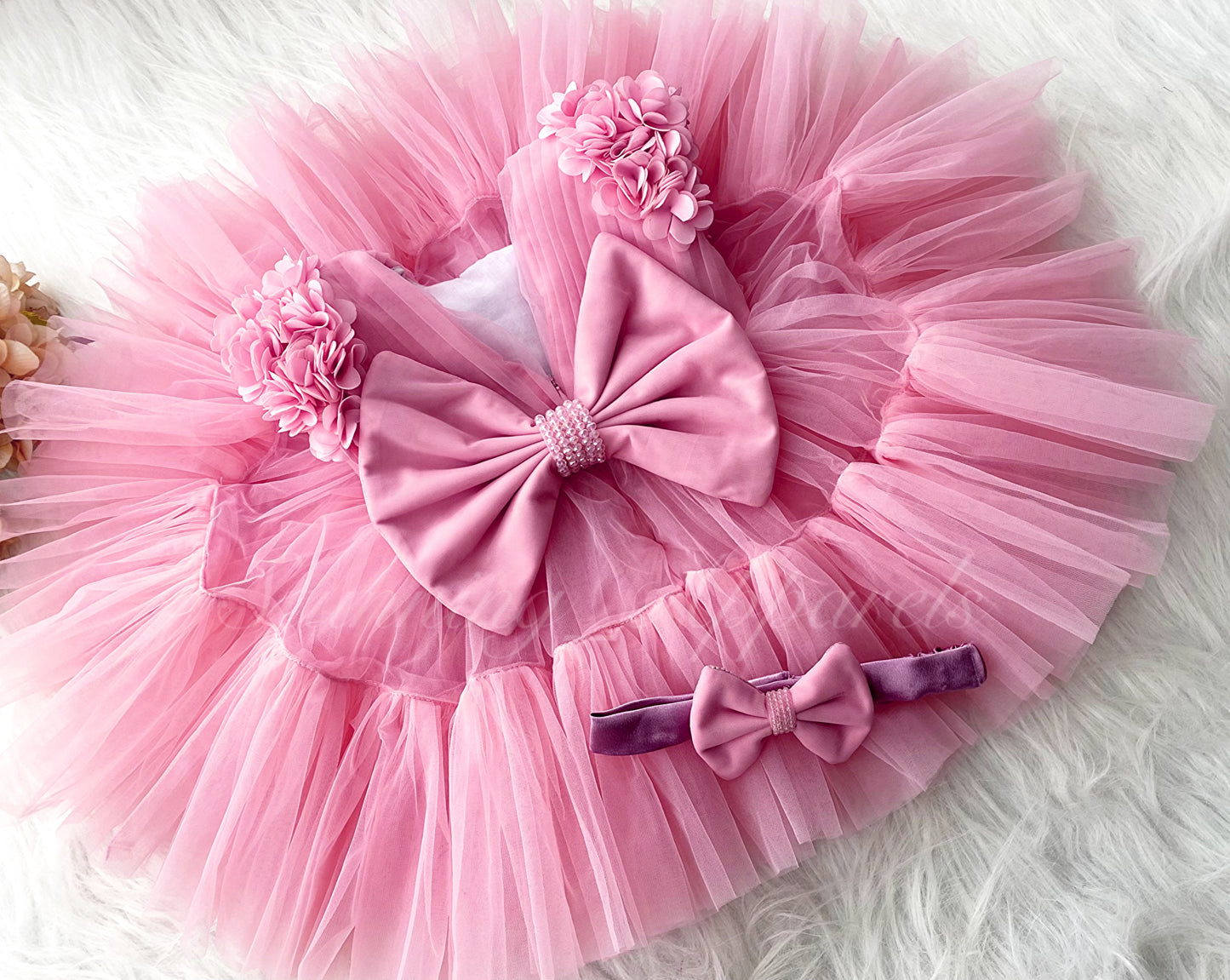 Beautiful Cape Sleeves Flower Work Ruffled Baby Pink Frock