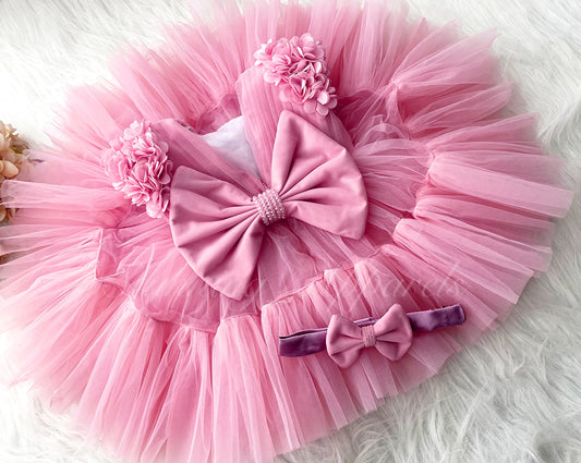 Beautiful Cape Sleeves Flower Work Ruffled Baby Pink Frock