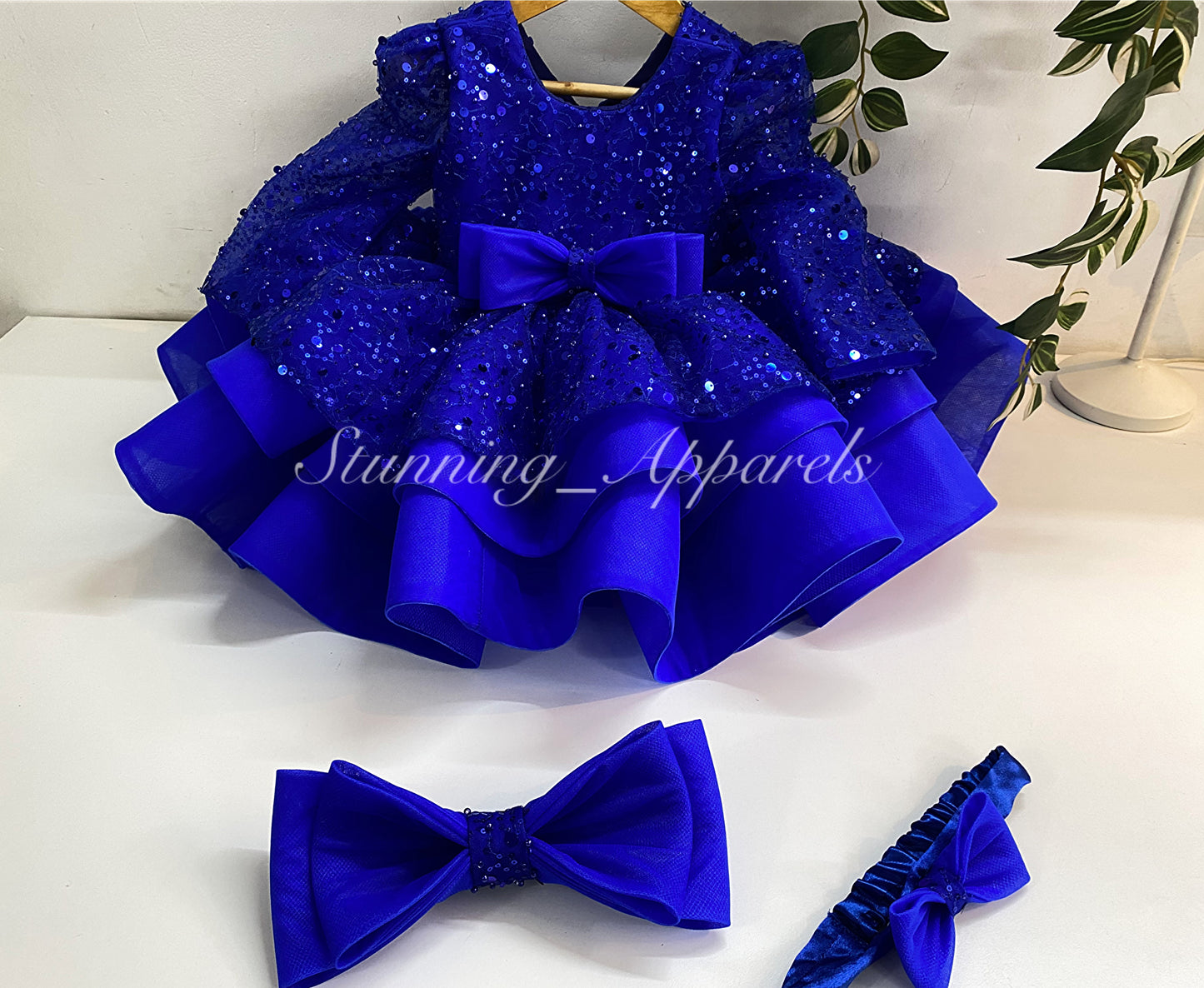 Designer Premium Long Sleeves Beads Sequins Royal Blue Dress