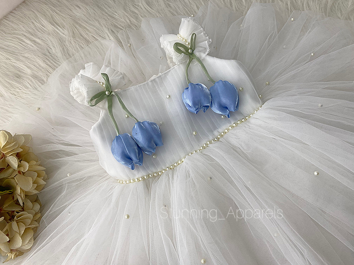 Pastel Blue Tulip Flower Work Party Wear White Dress