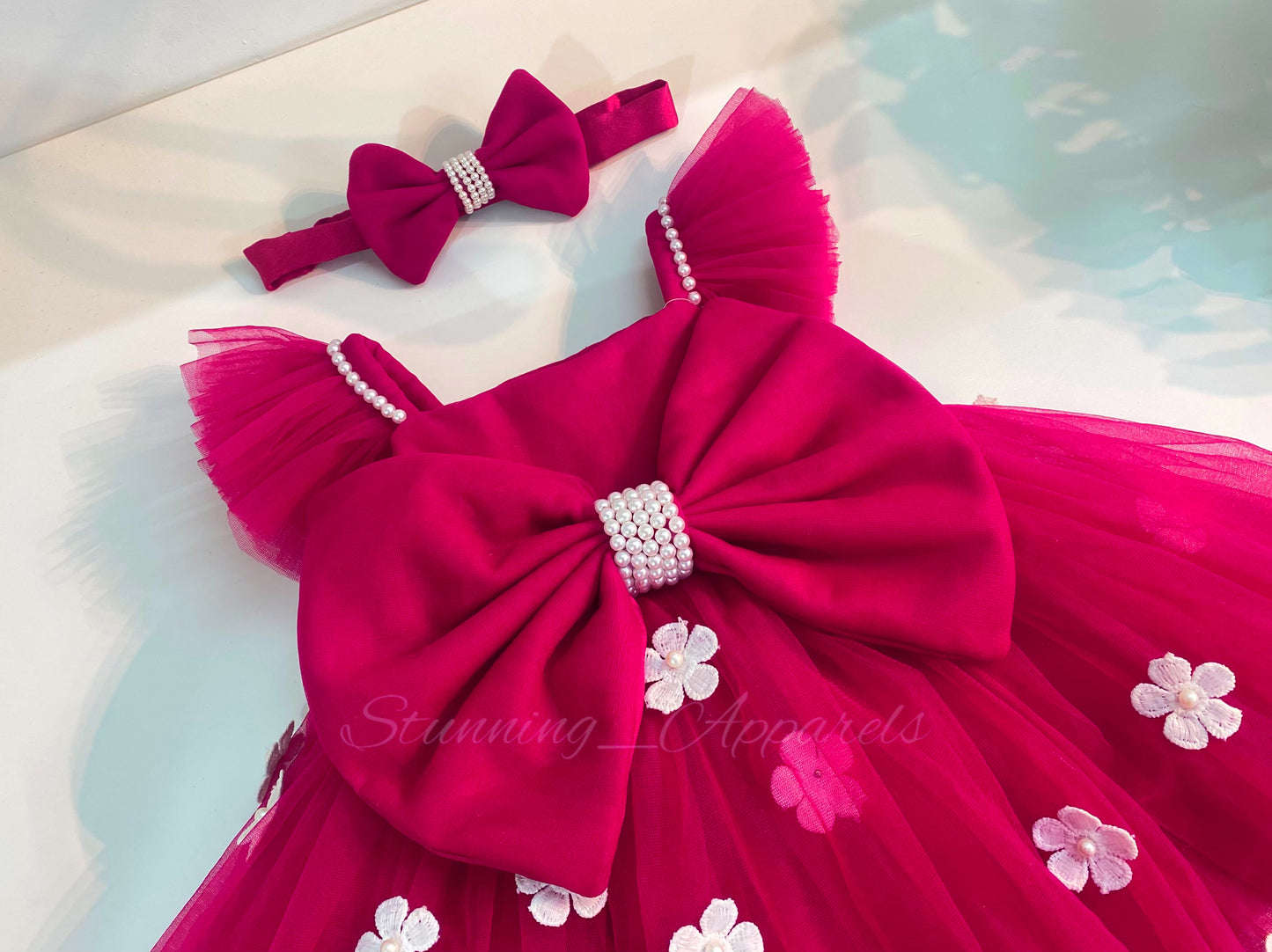 White Flower Work Strapped Sleeves  Magenta Pink Frock