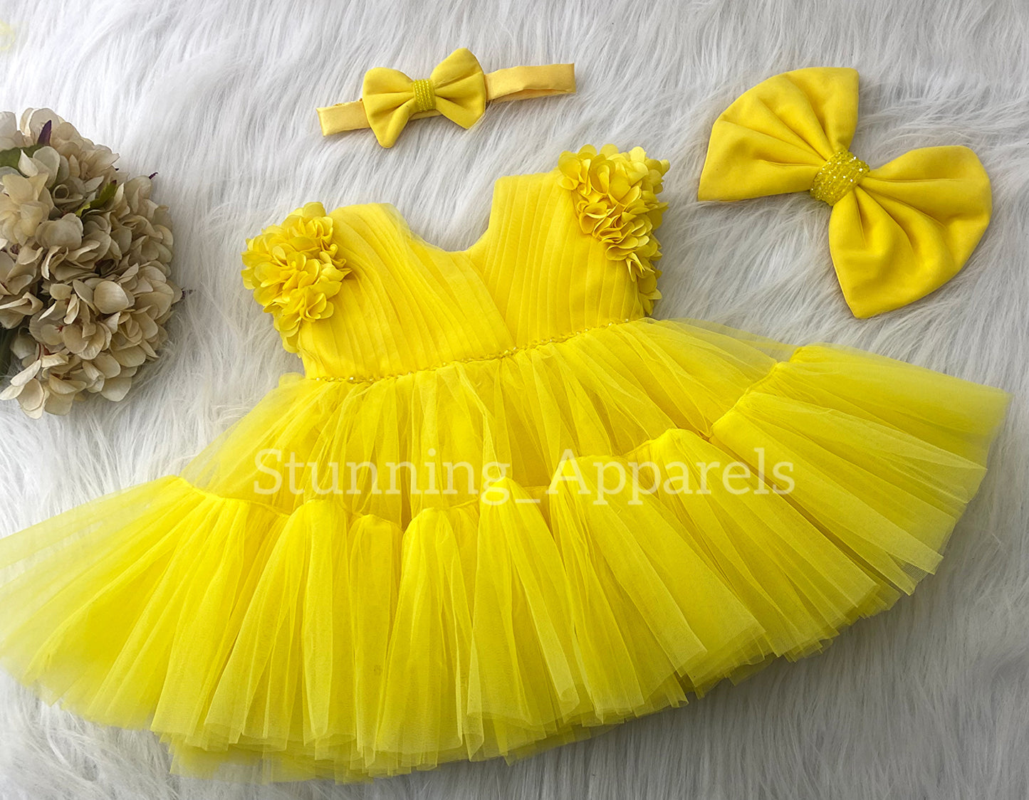 Beautiful Cape Sleeves Flower Work Ruffled Yellow Frock