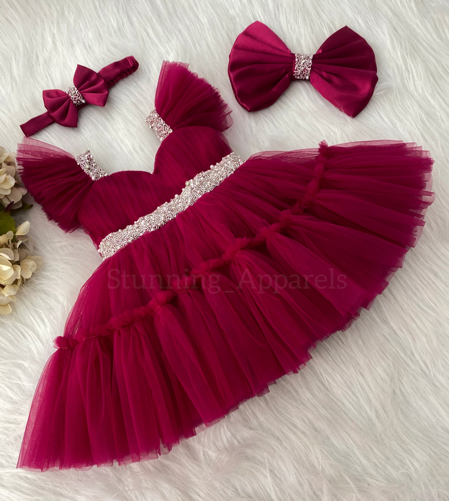 Designer Sweetheart Neckline Hand Work Dark Magenta Frock