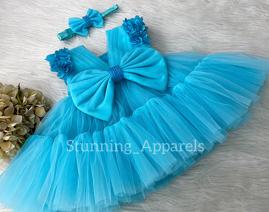 Beautiful Cape Sleeves Flower Work Ruffled Dark Sky Blue Frock