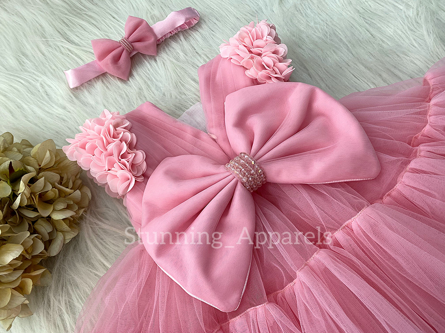 Beautiful Cape Sleeves Flower Work Ruffled Peach Frock
