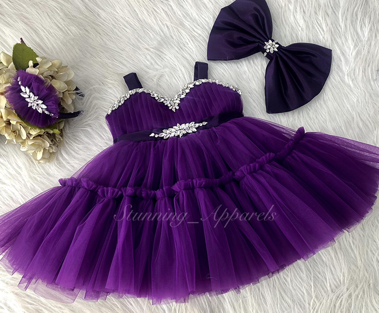 Designer Stone and Diamond Work Ruffled Purple Dress