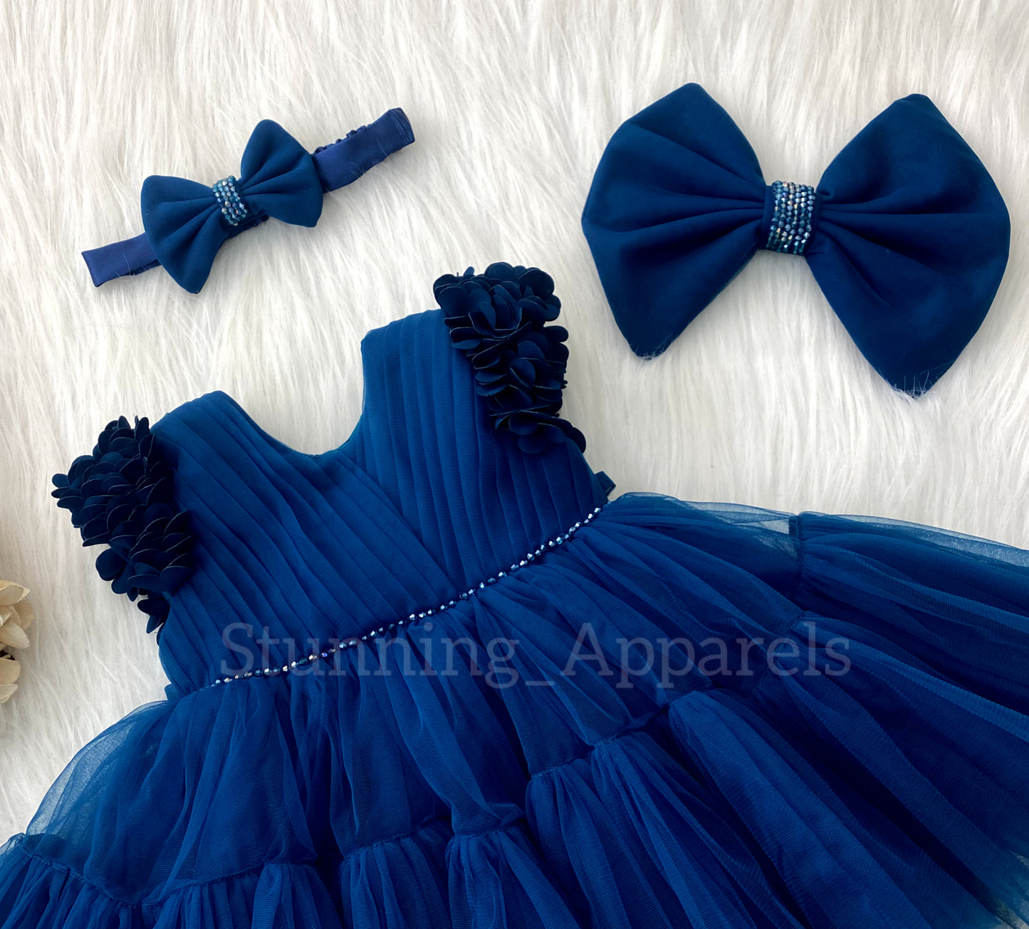 Beautiful Cape Sleeves Flower Work Ruffled Teal Blue Frock
