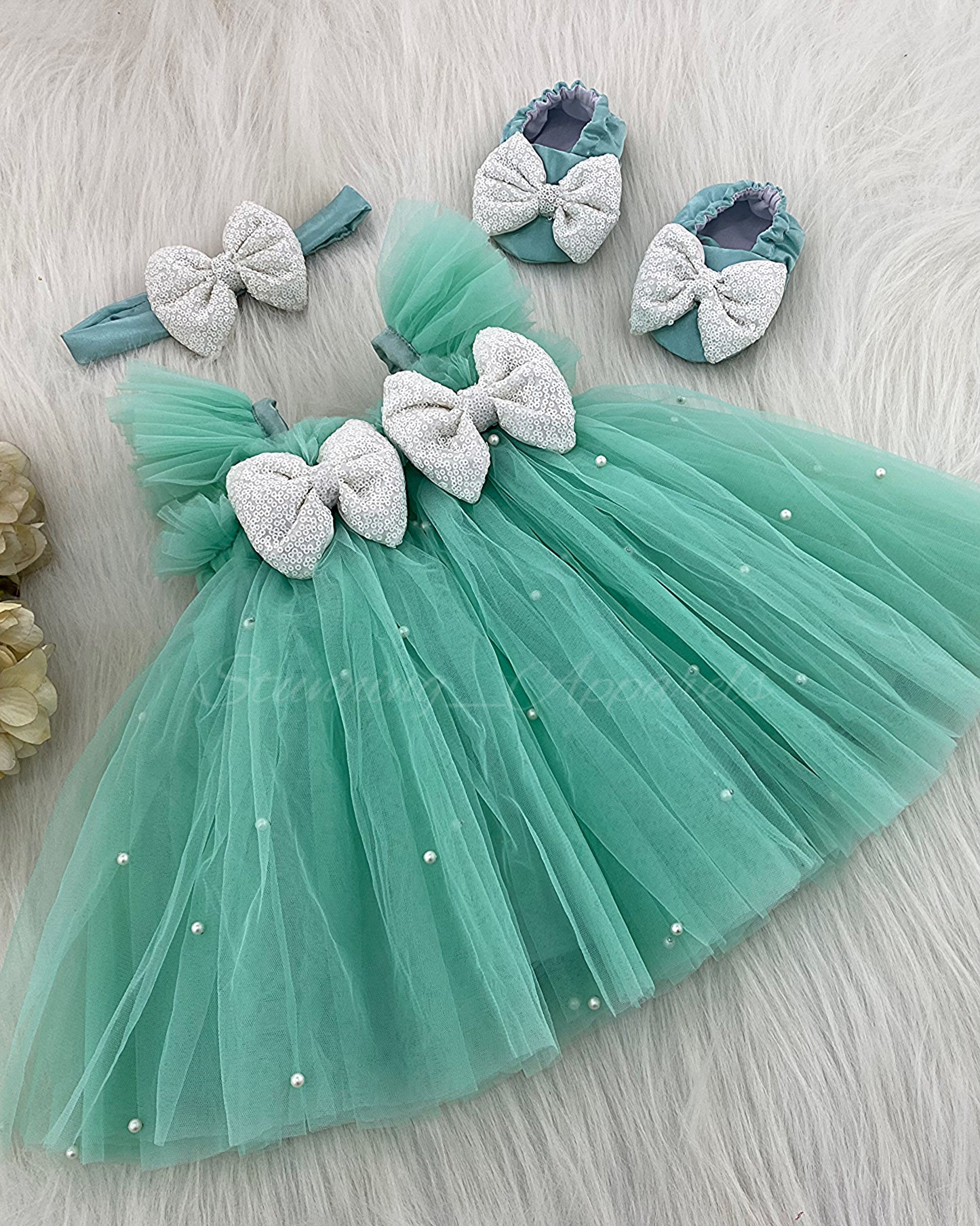 Ruffled Sleeves Strapped  Sequins Bow Party Wear Sea Green Umbrella Dress