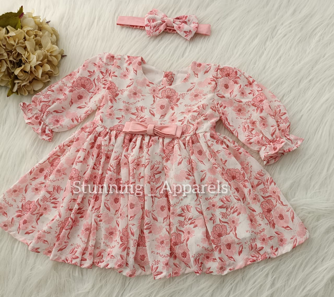 Stylish Long sleeves printed casual Peach frock