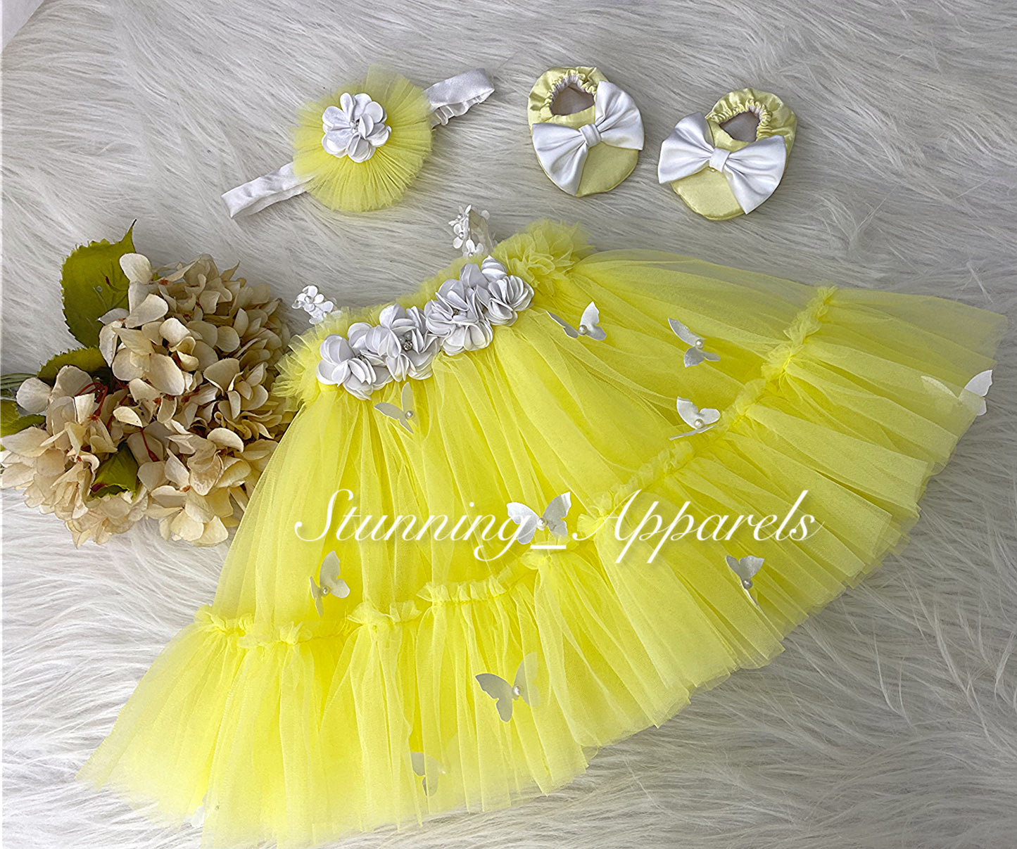 Butterfly Work Cute Party Wear Lemon Yellow Umbrella Dress